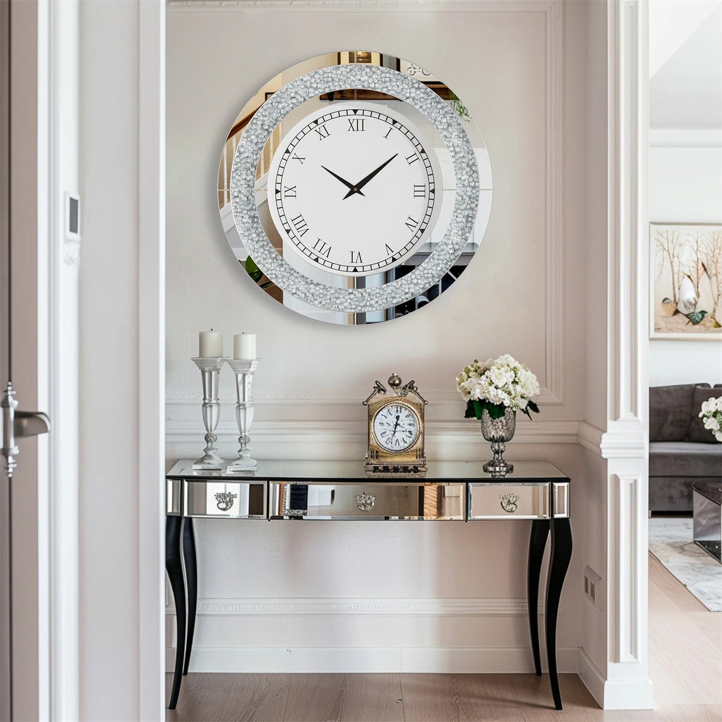 23.62 or 31.49 Inch Bling Silver Shining Mirrored Wall Clock