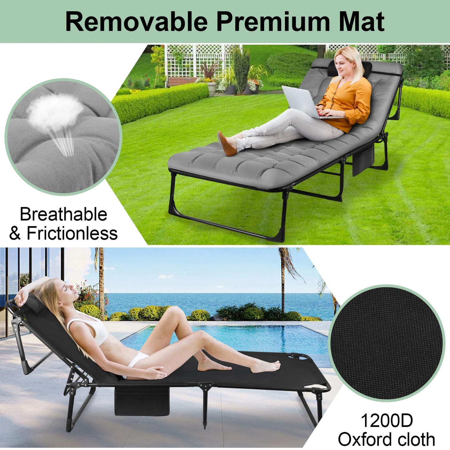 3 Position Portable Folding Camping Cot With Pillow 26.7 Inches Wide 74 Inches Long