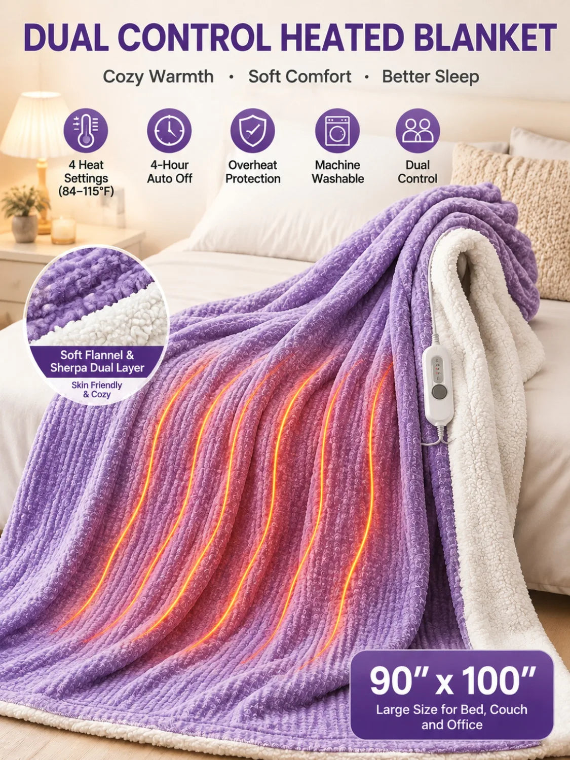 90" x 100" Heated Electric Blanket with 4 Heat Settings Auto Off Safety Protection Machine Washable