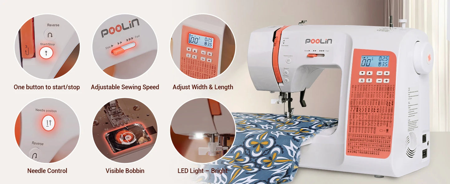 POOLIN EOC02 Computerized Sewing Machine, Heavy Duty Home Use with 200 Built-in Stitches & Portable Handle