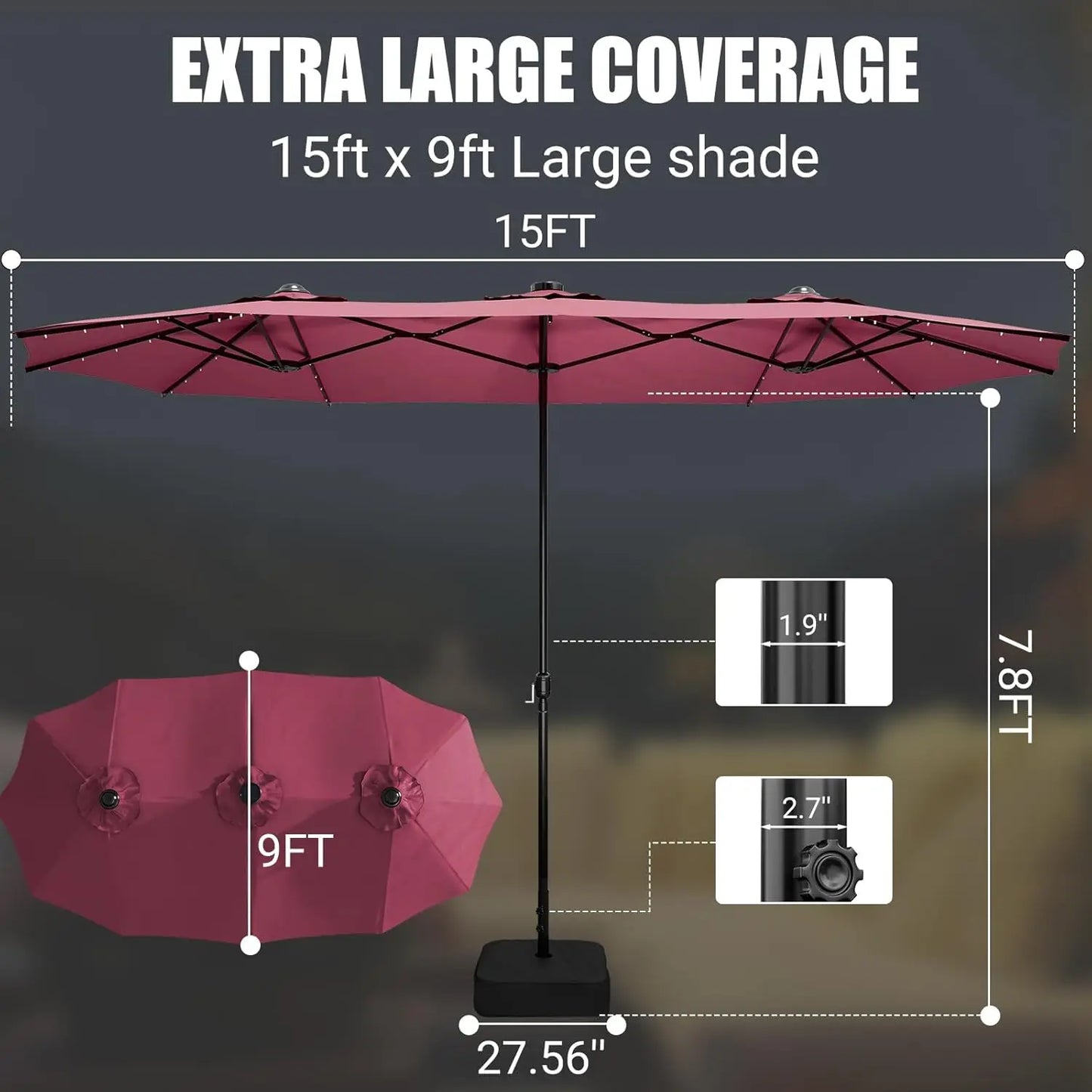 LEVELEVE 15 Foot Large Patio Patio Umbrella with Base & Solar LED Lights