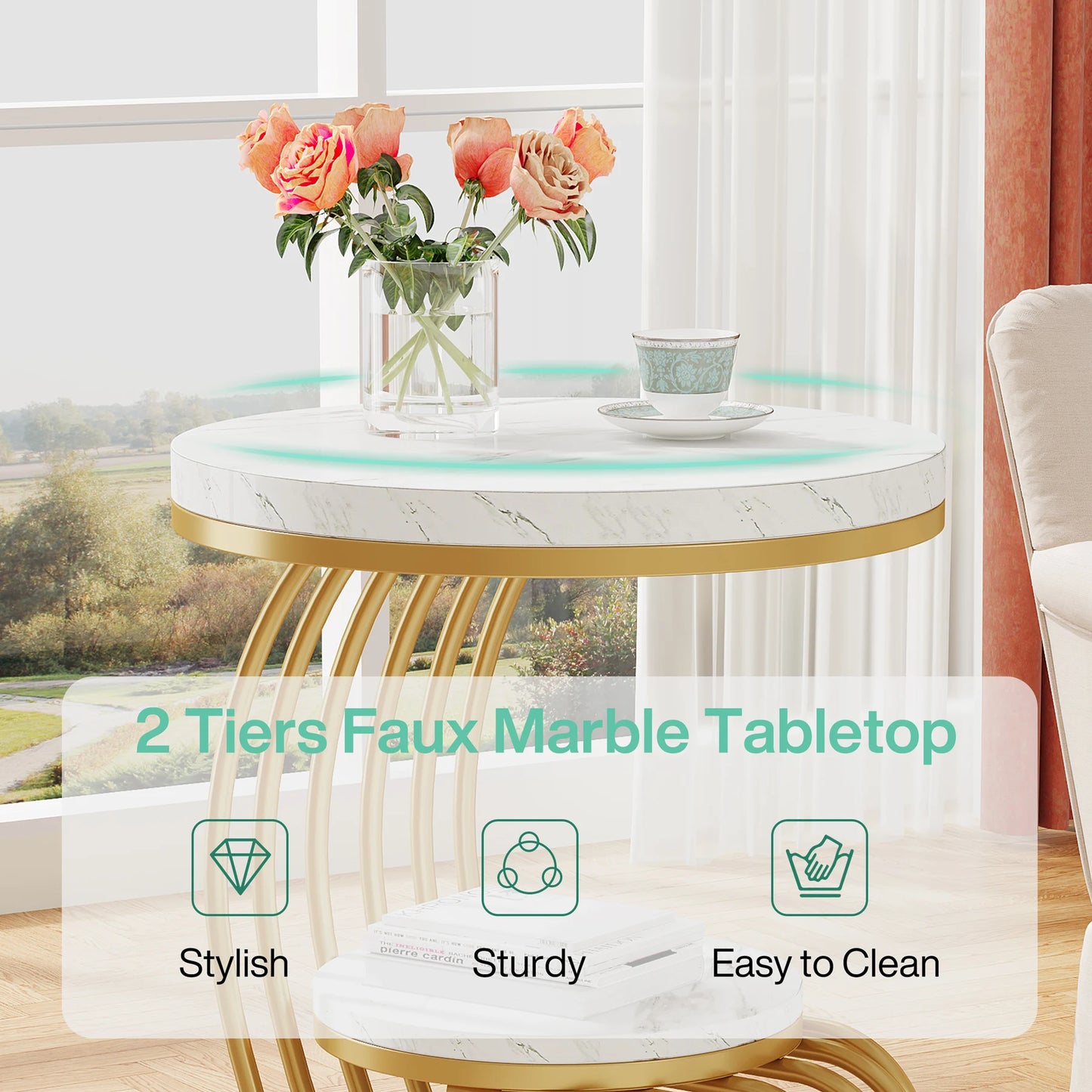 Tribesigns Gold Round End Table: 2 Tiers Faux Marble