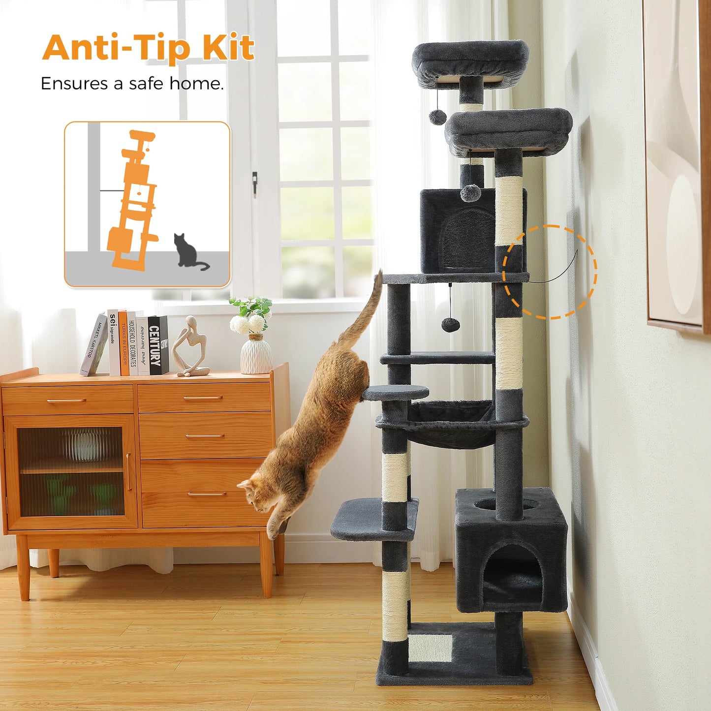 Multi-Level Cat Tower with Scratching Posts, Hammock and Cat Condo