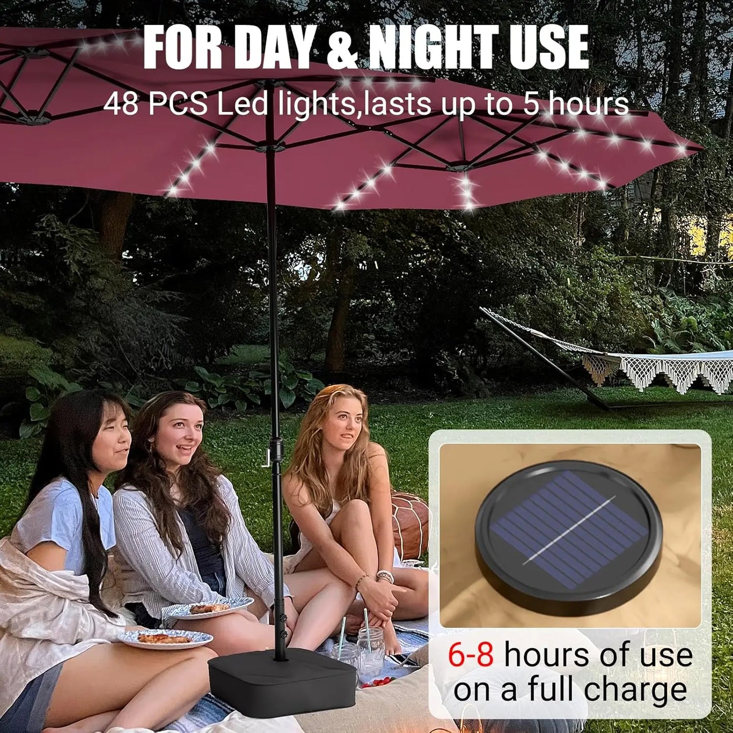 LEVELEVE 15 Foot Large Patio Patio Umbrella with Base & Solar LED Lights