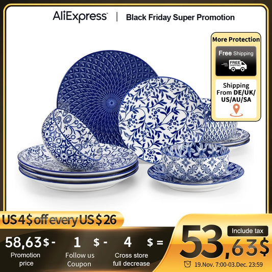 Vncasso 12/24/36 Piece Chinese Blue and White Porcelain Tableware Set