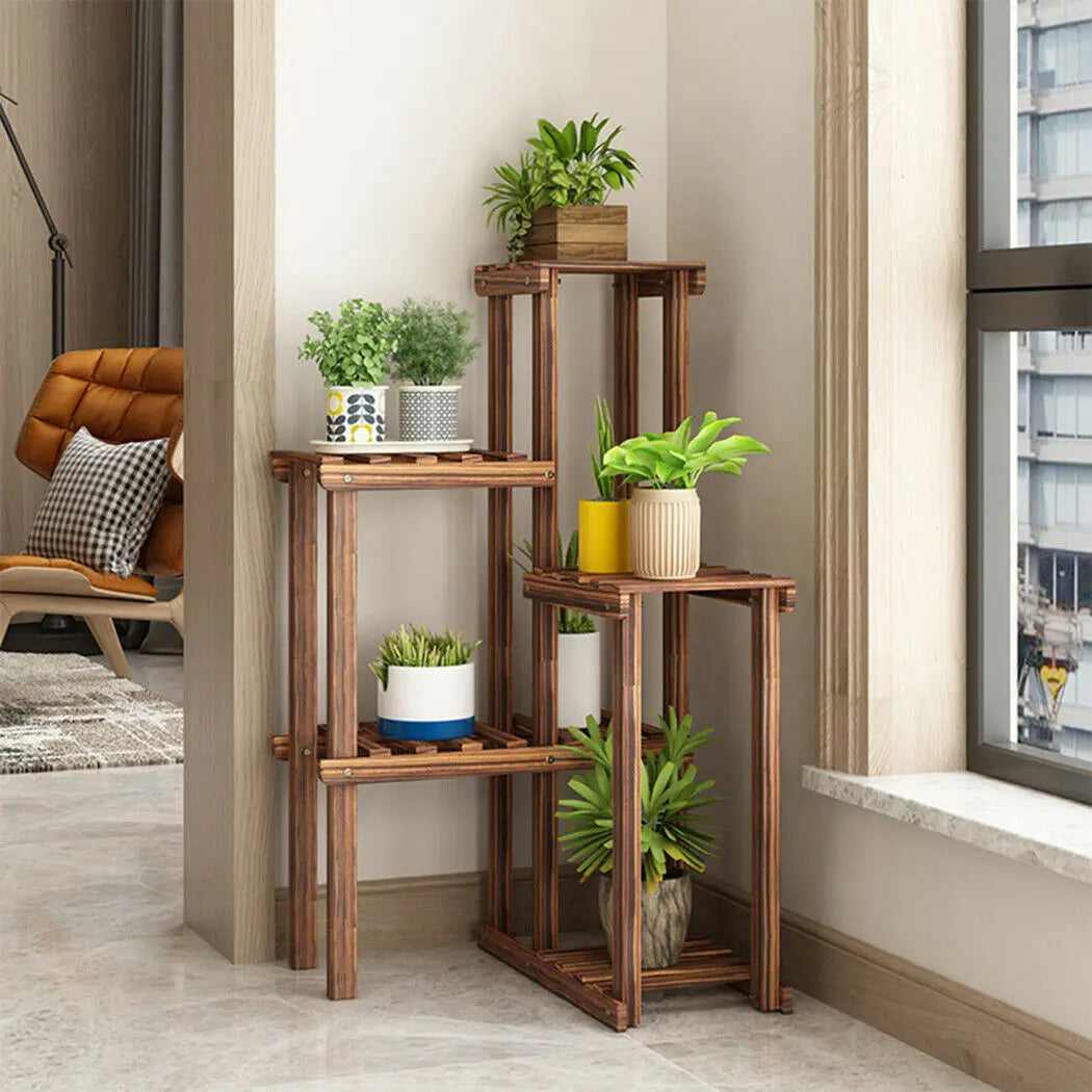 6 Tier Wooden Shelf Indoor Outdoor Corner Plant Stand