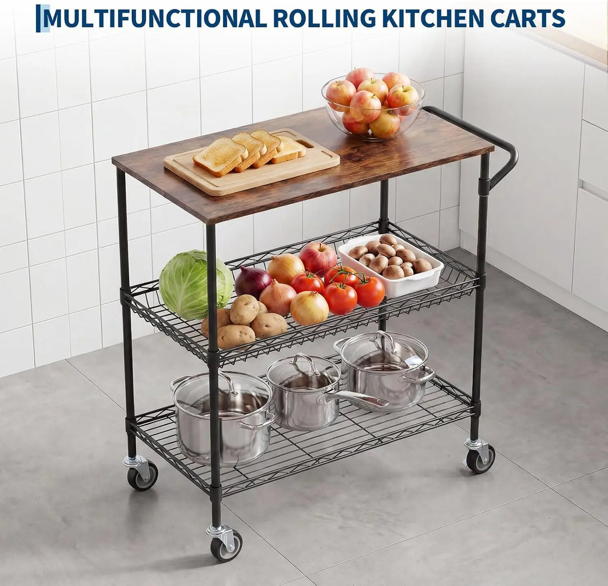 Tacleekii 3-Tier Rolling Utility Cart with Wood Top Metal Mesh Shelves 10 Hooks
