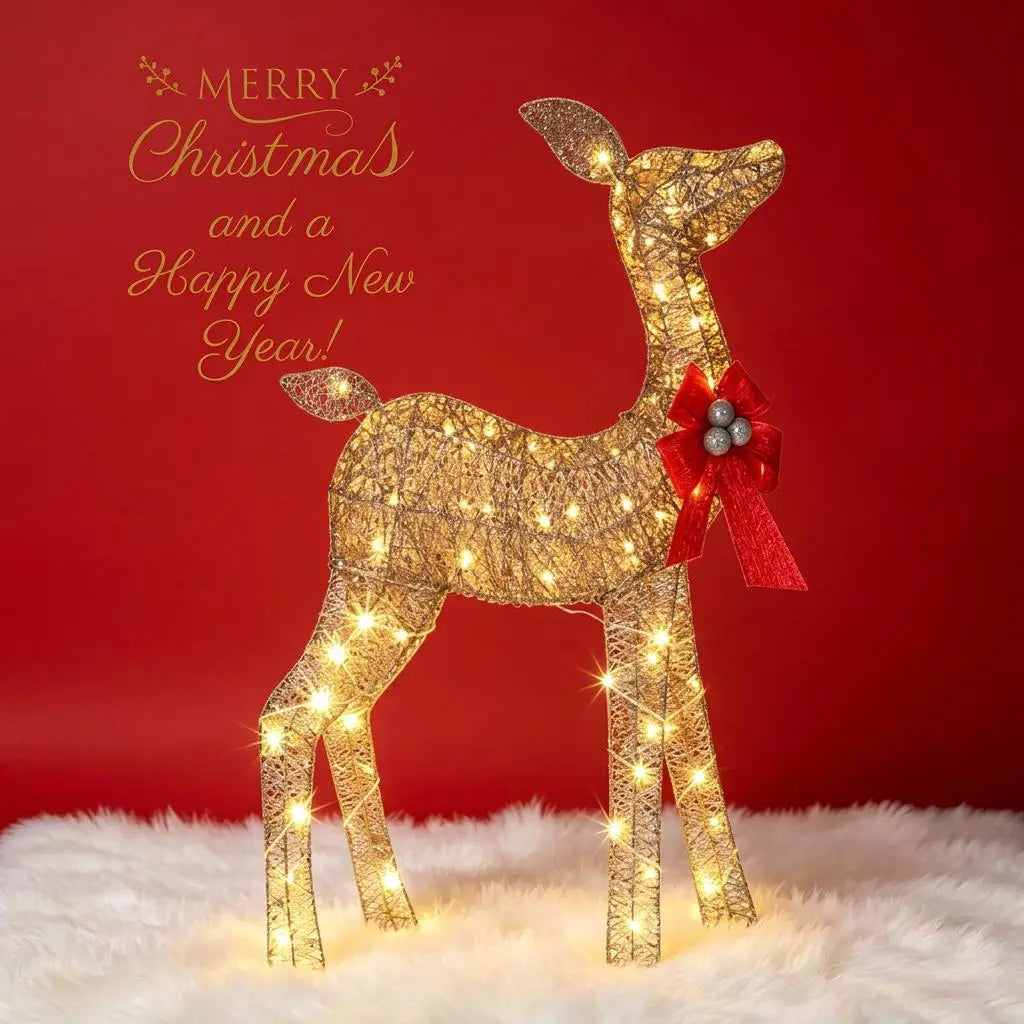 3FT Lighted Christmas Reindeer with Warm White LED Lights & Red Bow for Lawn
