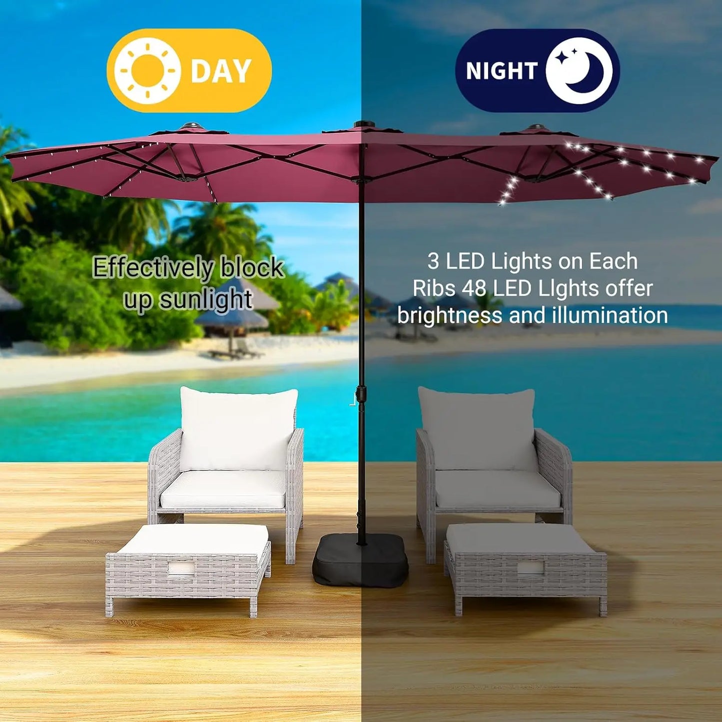 LEVELEVE 15 Foot Large Patio Patio Umbrella with Base & Solar LED Lights