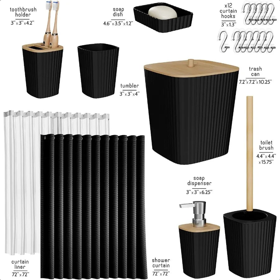 20 Piece Bathroom Shower Curtain and Accessories Set Black