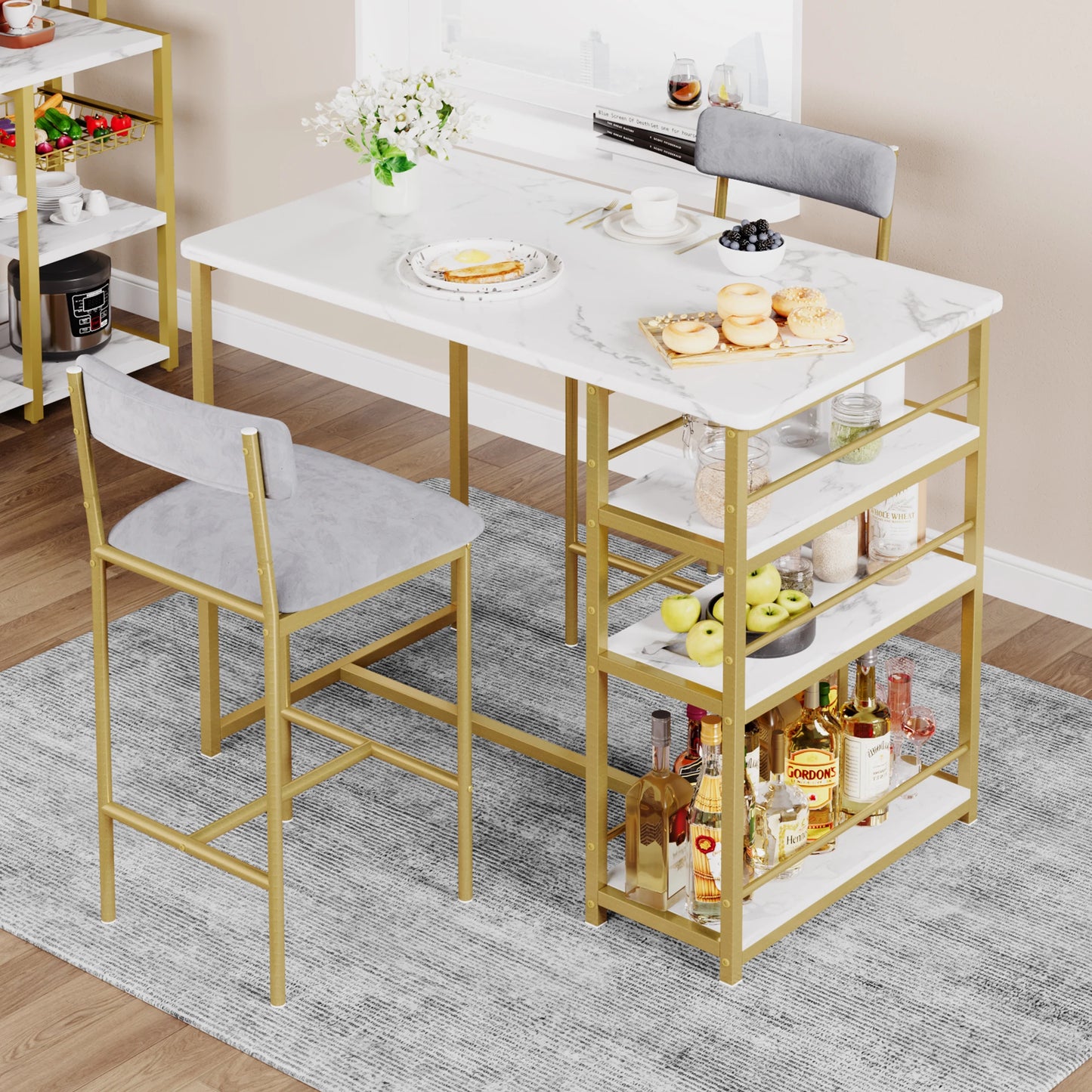 3 Pieces Counter Height Dining Table Set for Small Spaces Gold