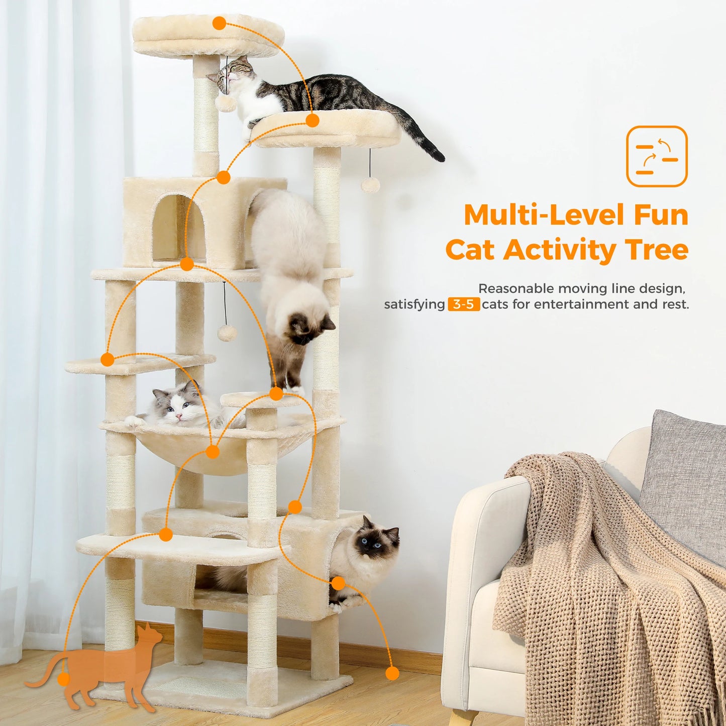 Multi-Level Cat Tower with Scratching Posts, Hammock and Cat Condo