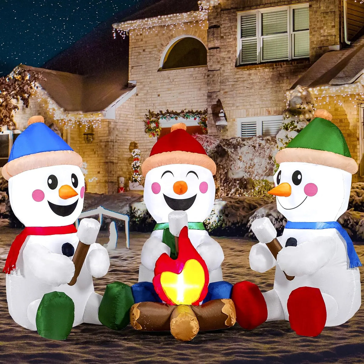 6 FT Long Christmas Inflatable Snowmen with Campfire with Built-in LEDs