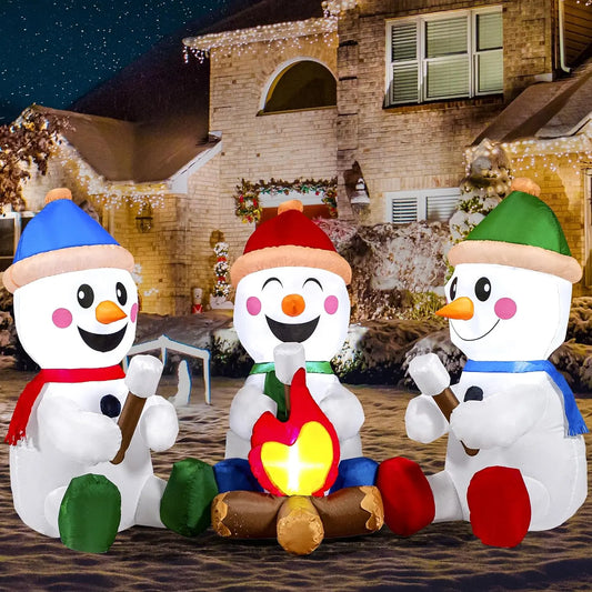 6 FT Long Christmas Inflatable Snowmen with Campfire with Built-in LEDs