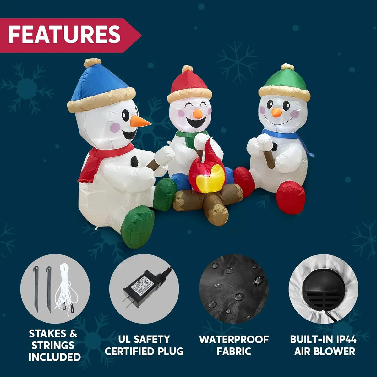 6 FT Long Christmas Inflatable Snowmen with Campfire with Built-in LEDs