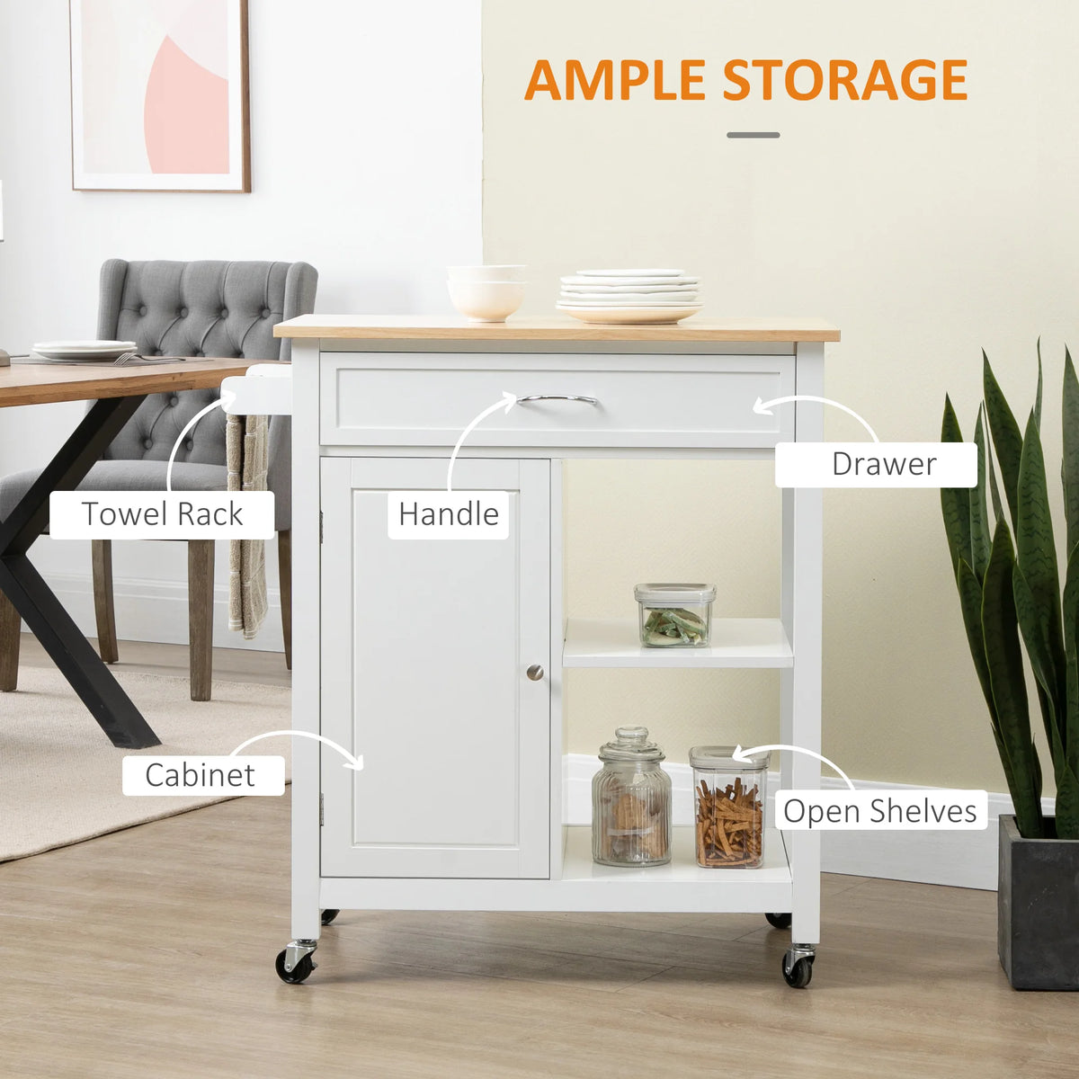 HOMCOM Rolling Kitchen Island Cart with Storage Shelf and Solid Wood Top
