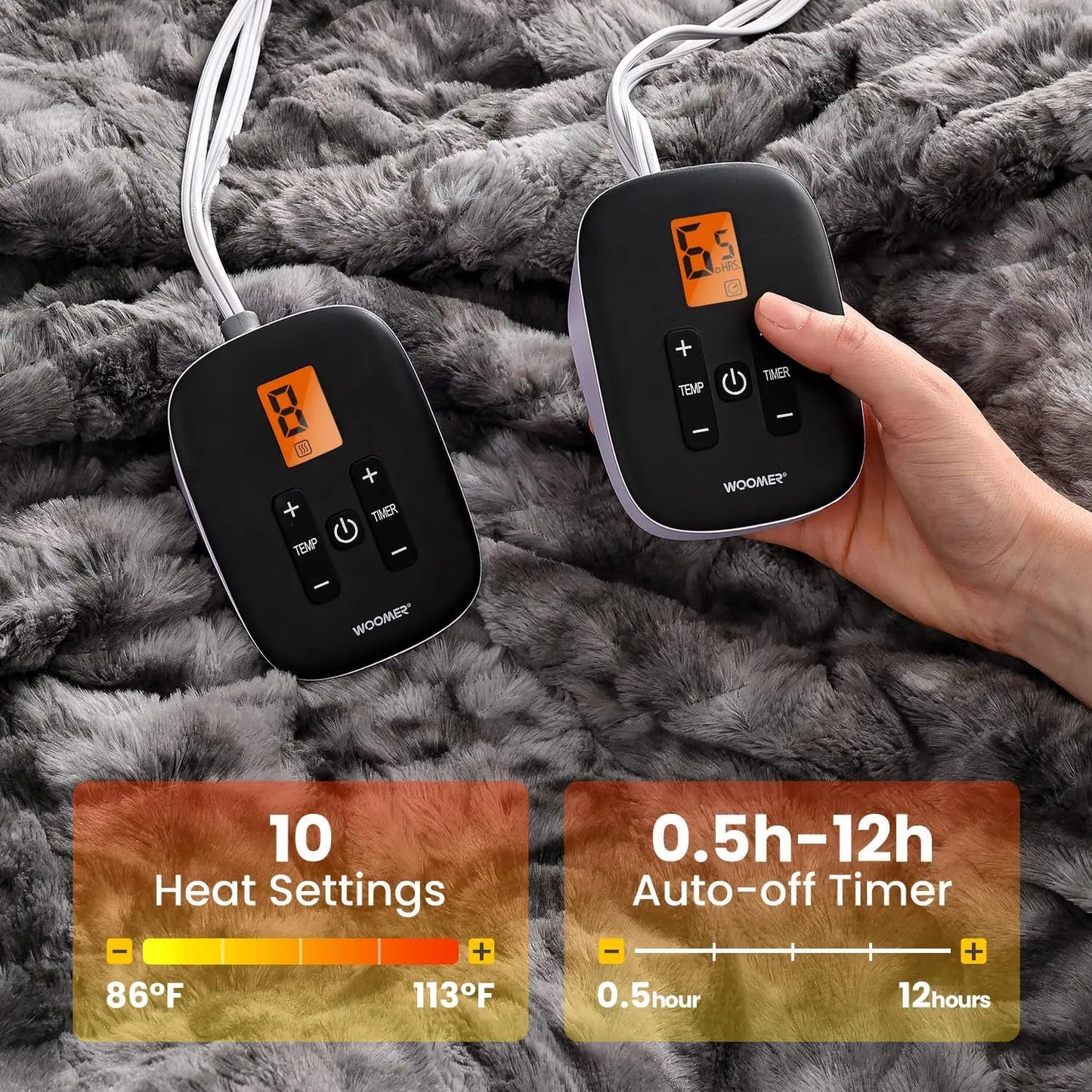 King Size Faux Fur Electric Blanket with Dual Control, 10 Heat Levels & Auto Shut Off