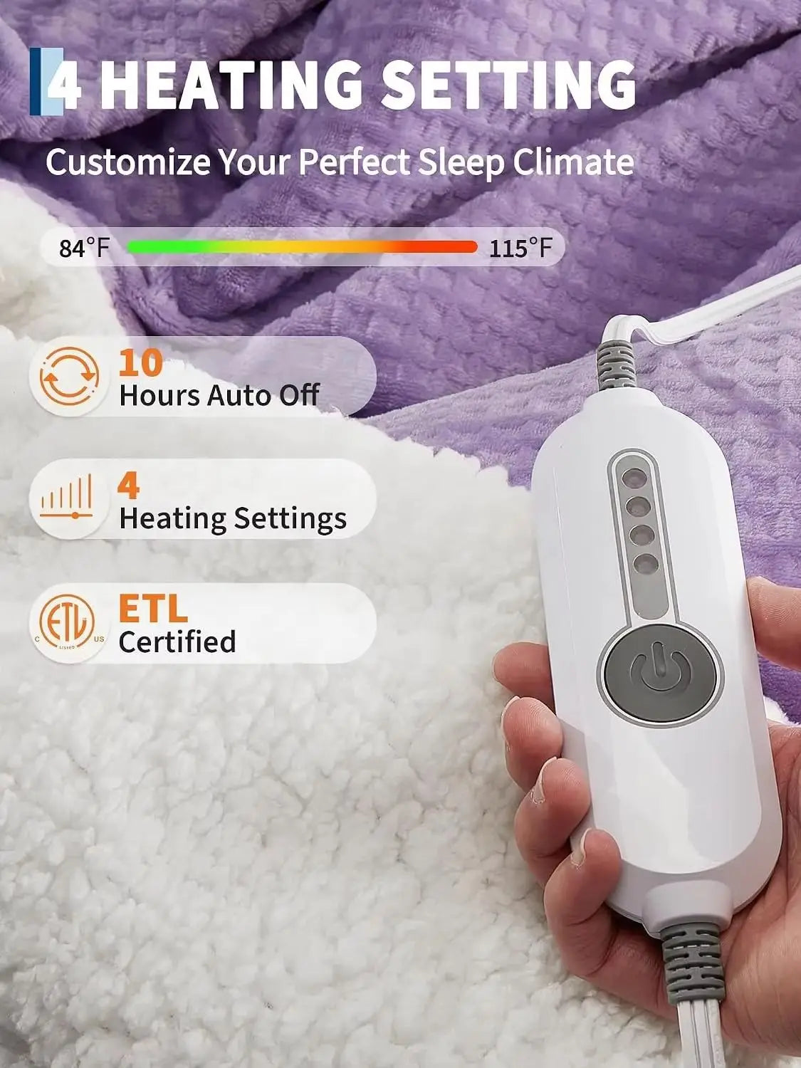 90" x 100" Heated Electric Blanket with 4 Heat Settings Auto Off Safety Protection Machine Washable