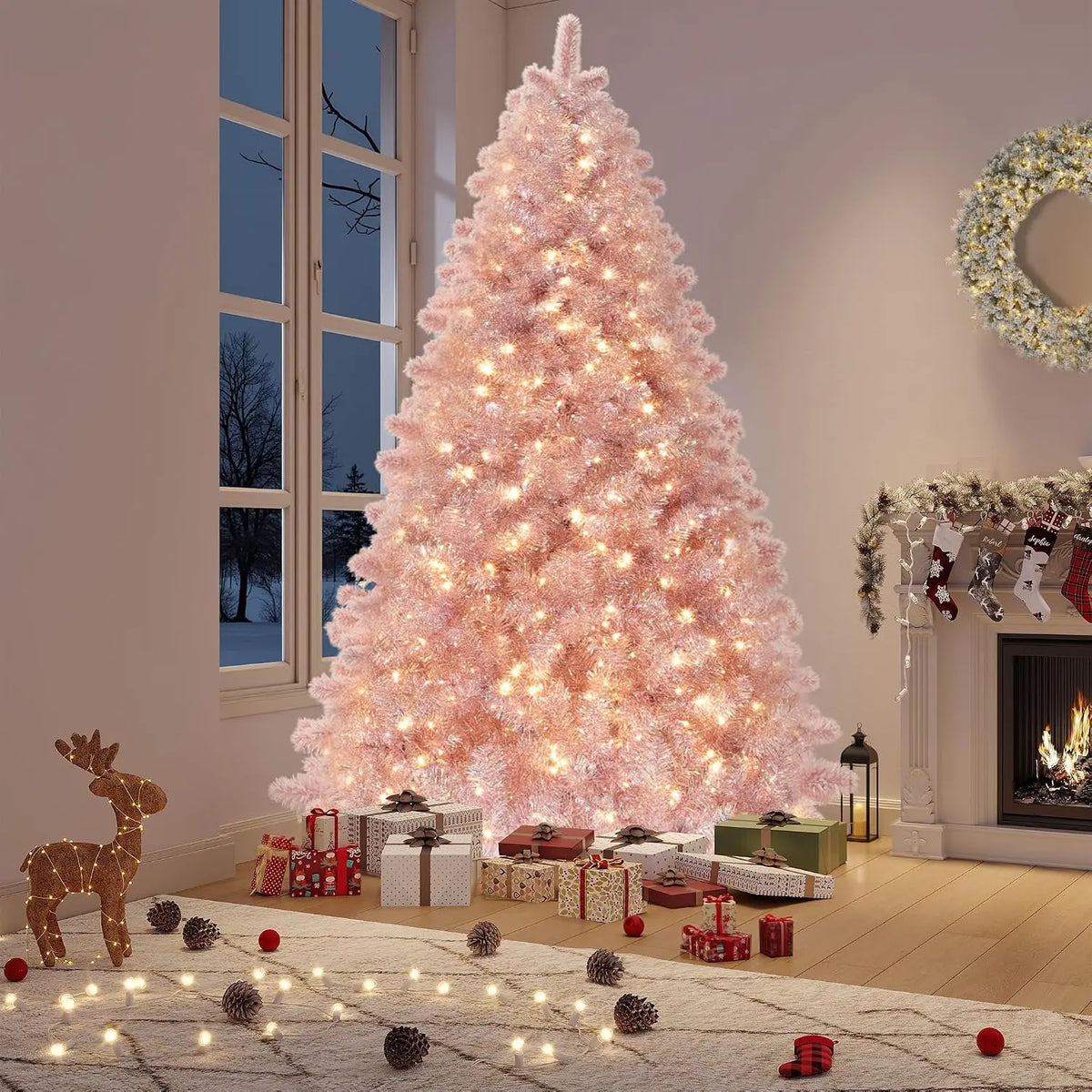 6ft or 7ft Pre-Lit Rose Gold Christmas Tree – Artificial Slim Pencil Tree with Realistic Branch Tips