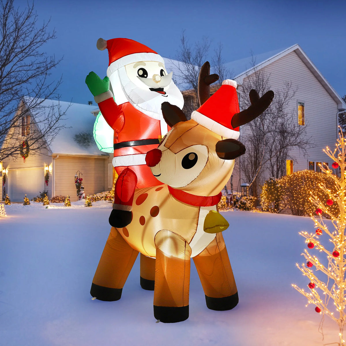 7FT Giant Santa Claus Riding Reindeer with Built-in Bright LED Lights Self Inflating