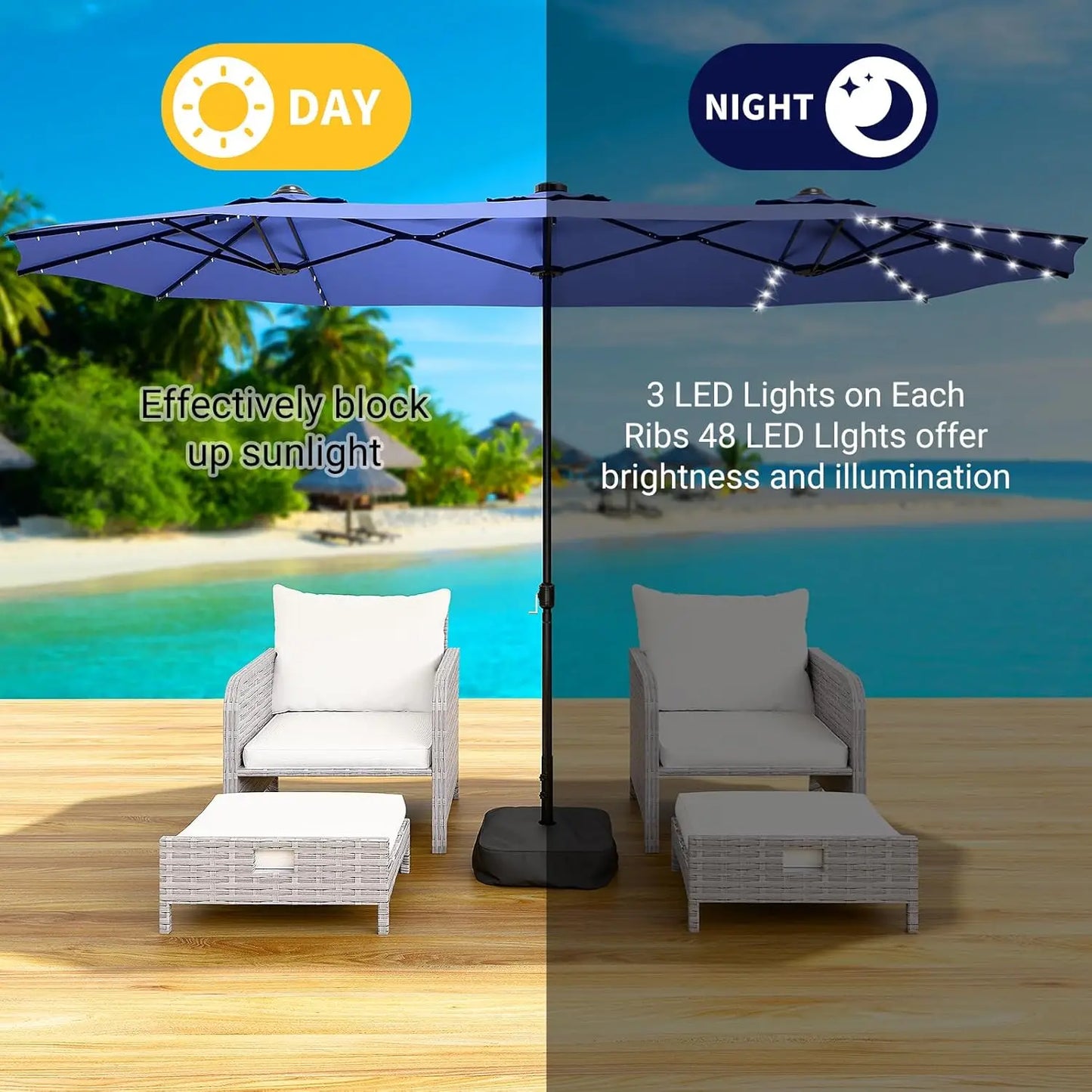 LEVELEVE 15 Foot Large Patio Patio Umbrella with Base & Solar LED Lights