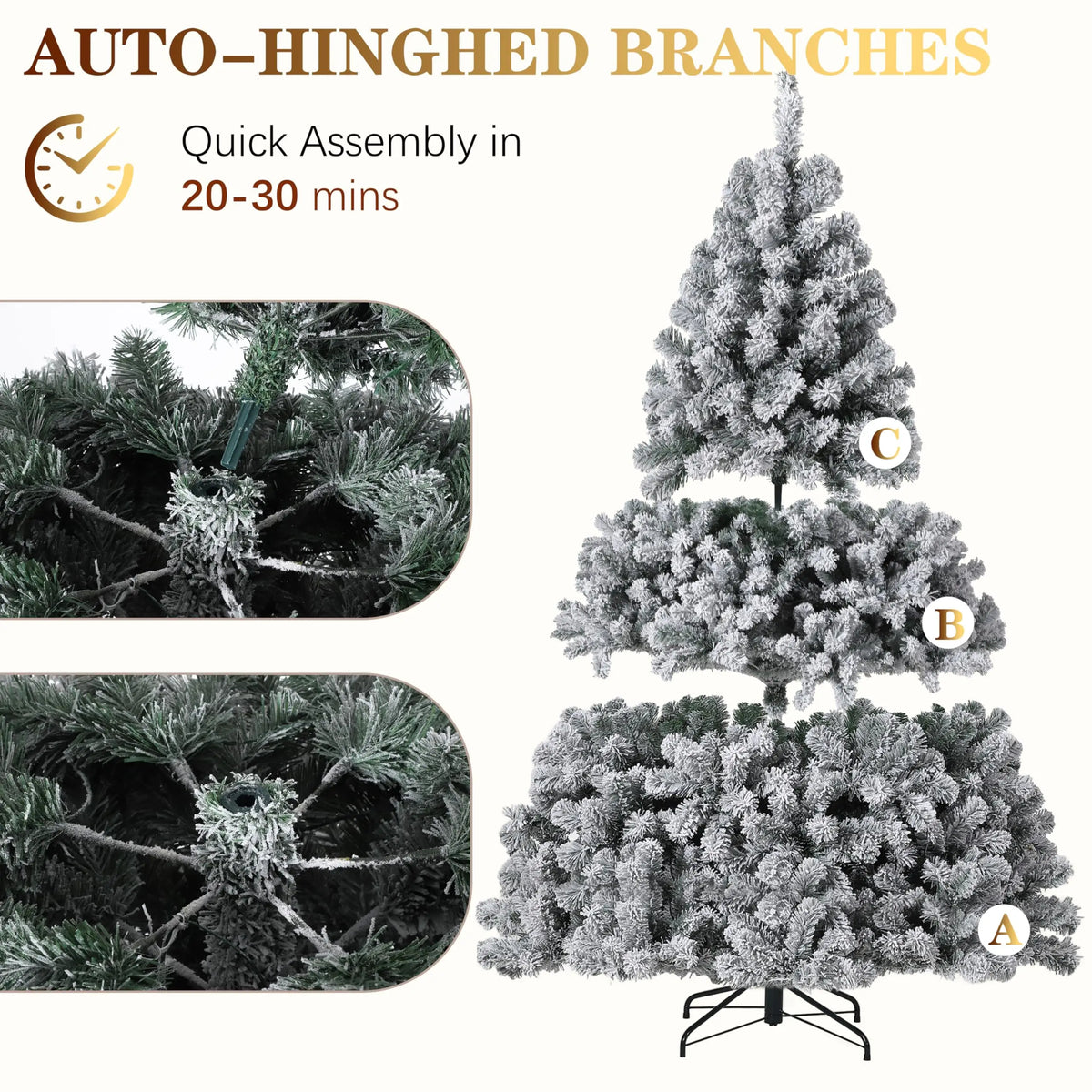 6FT Or 7.5FT Flocked Artificial Christmas Tree with Snowy Warm White LED Lights