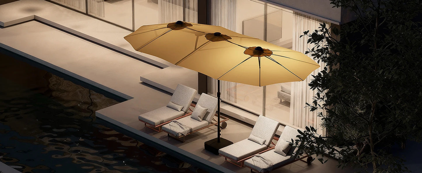 LEVELEVE 15 Foot Large Patio Patio Umbrella with Base & Solar LED Lights