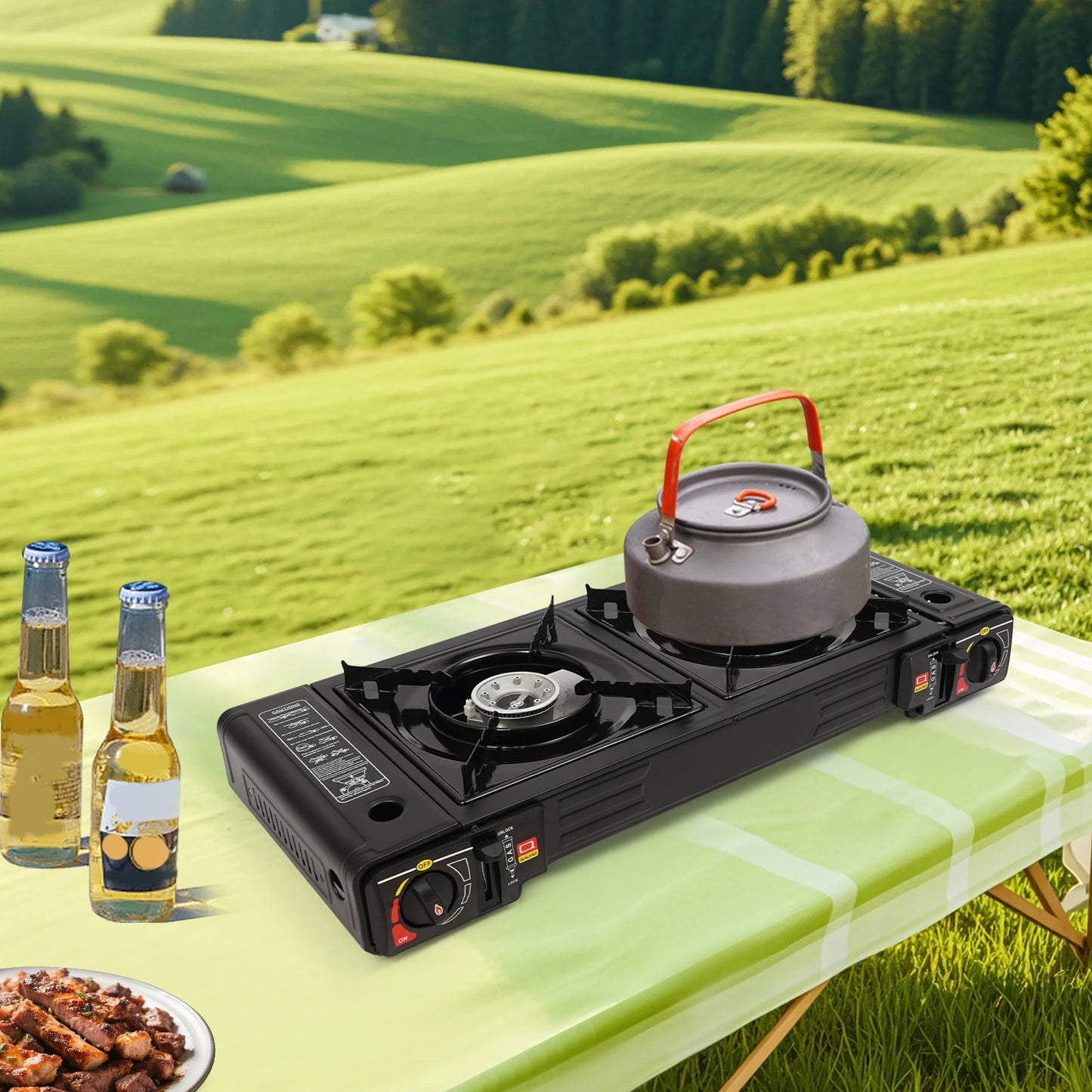 2500W Portable Camping Stove With 2 Burners And Baking Tray