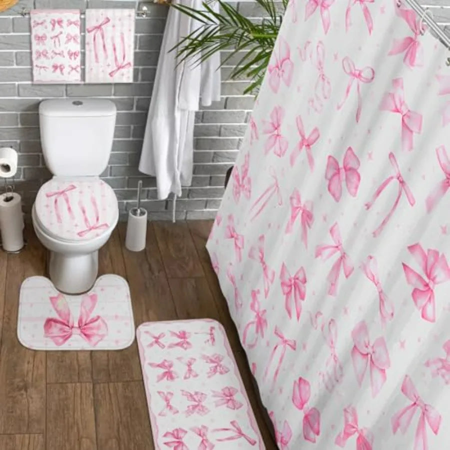 8 Pcs Pink Bow Shower Curtain Set for Girls Bathroom