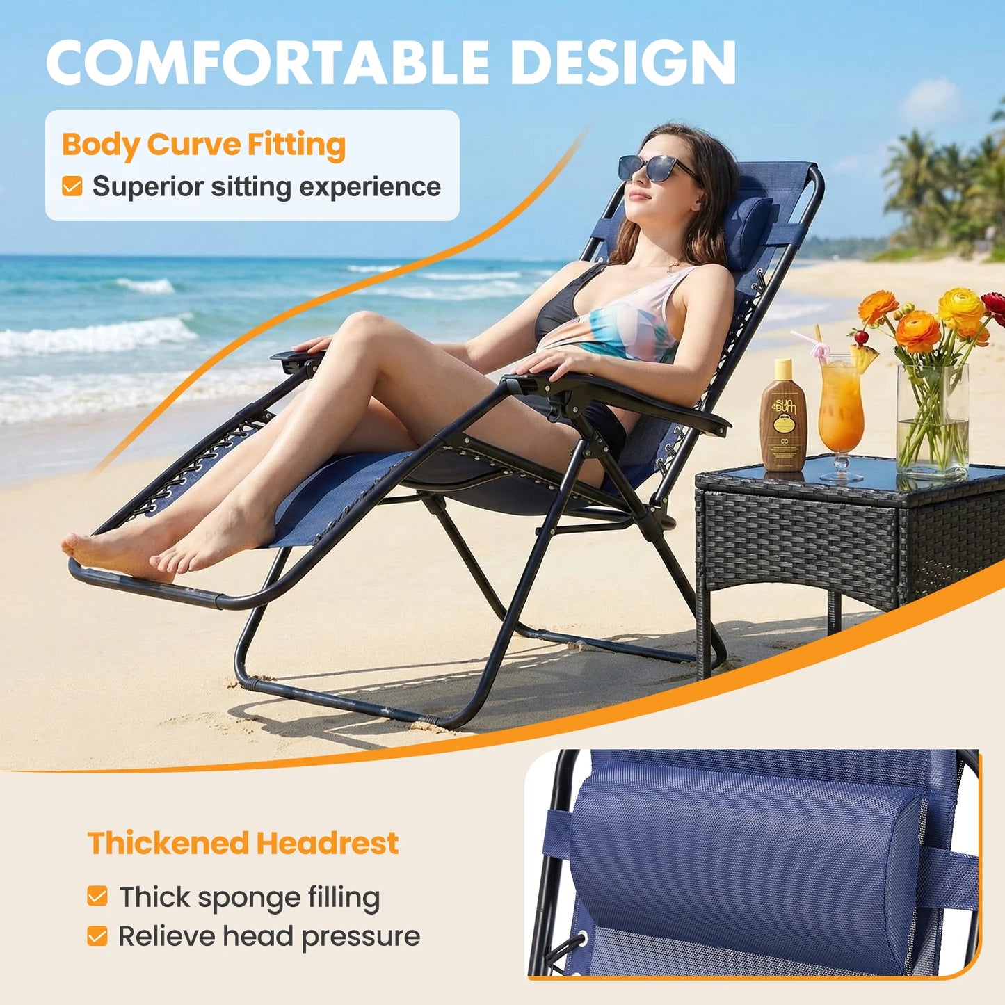 Set of 2 MCQ Outdoor Zero Gravity Chairs with Cup Holder and Adjustable Pillow