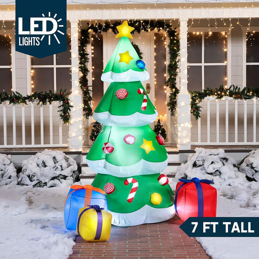 7FT Christmas Tree Inflatables Outdoor Decoration with 3 Gift Boxes Build-in LEDs