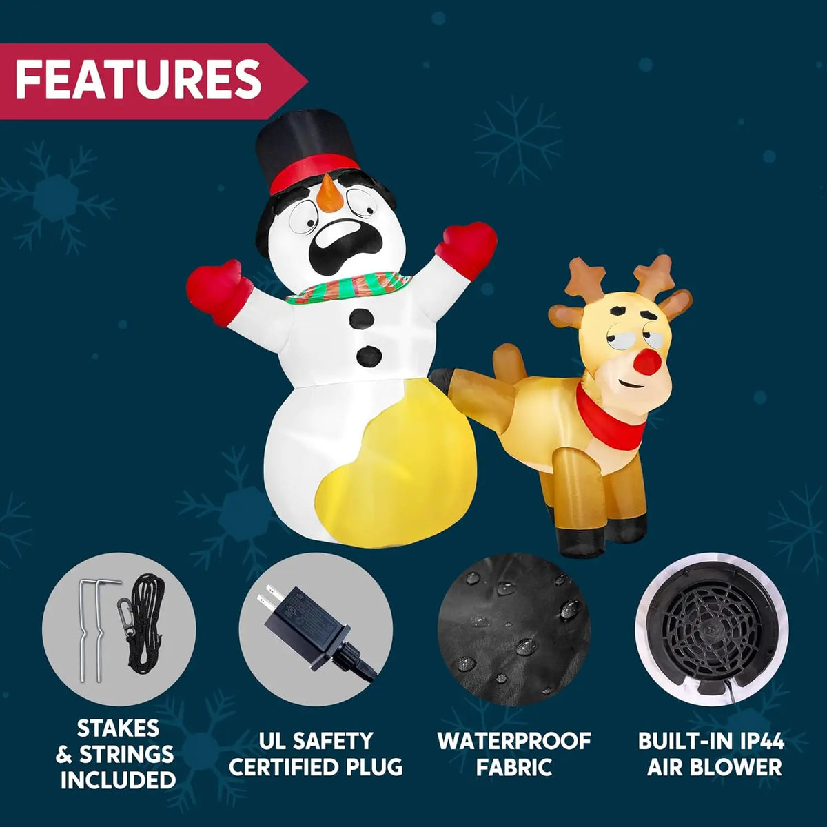 6.6 FT Long Christmas Inflatable Decoration Reindeer Peeing on Snowman with Build-in LED