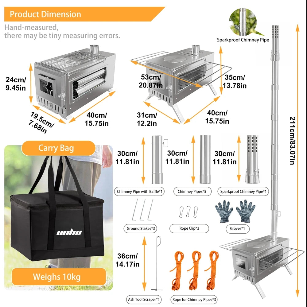 Portable Wood Burning Stainless Steel Stove with 7 Chimney Pipes