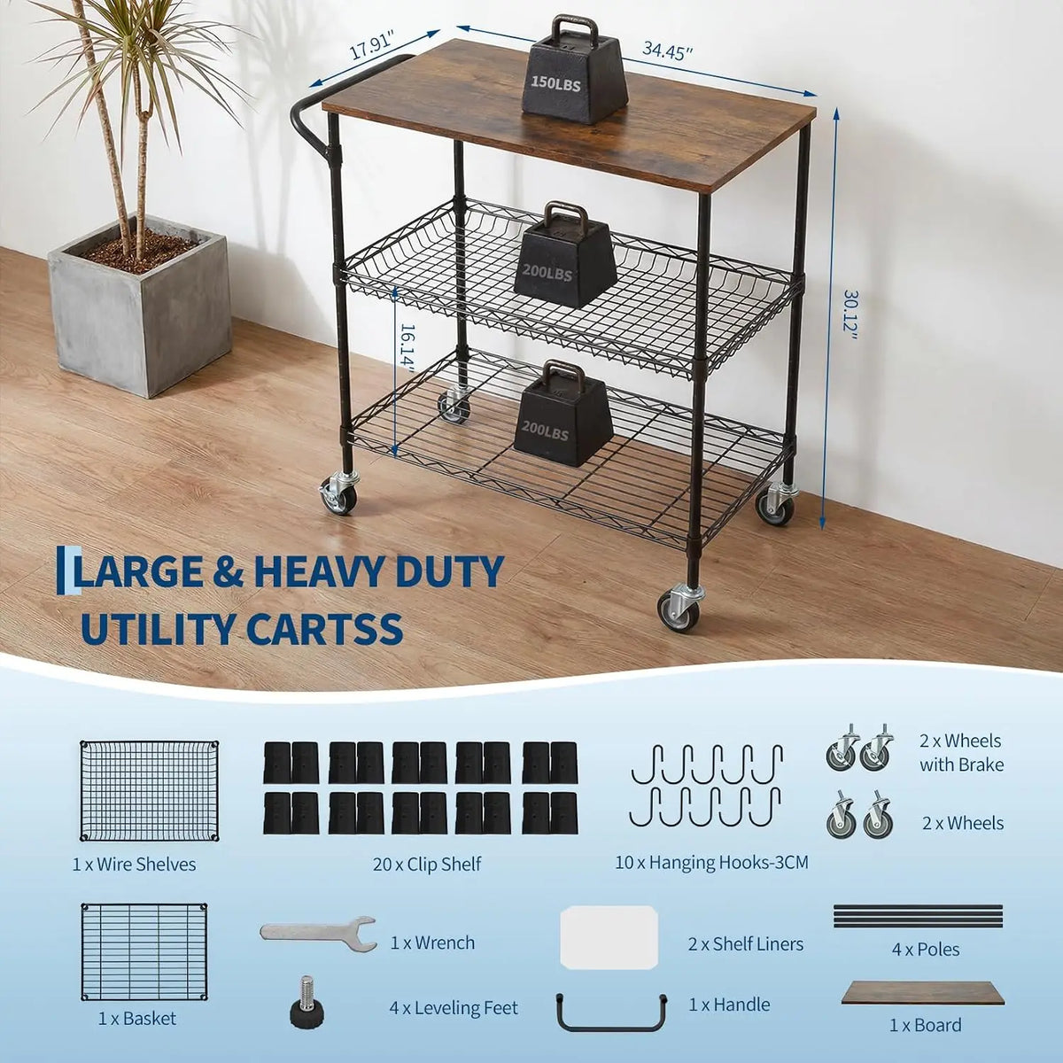 Tacleekii 3-Tier Rolling Utility Cart with Wood Top Metal Mesh Shelves 10 Hooks