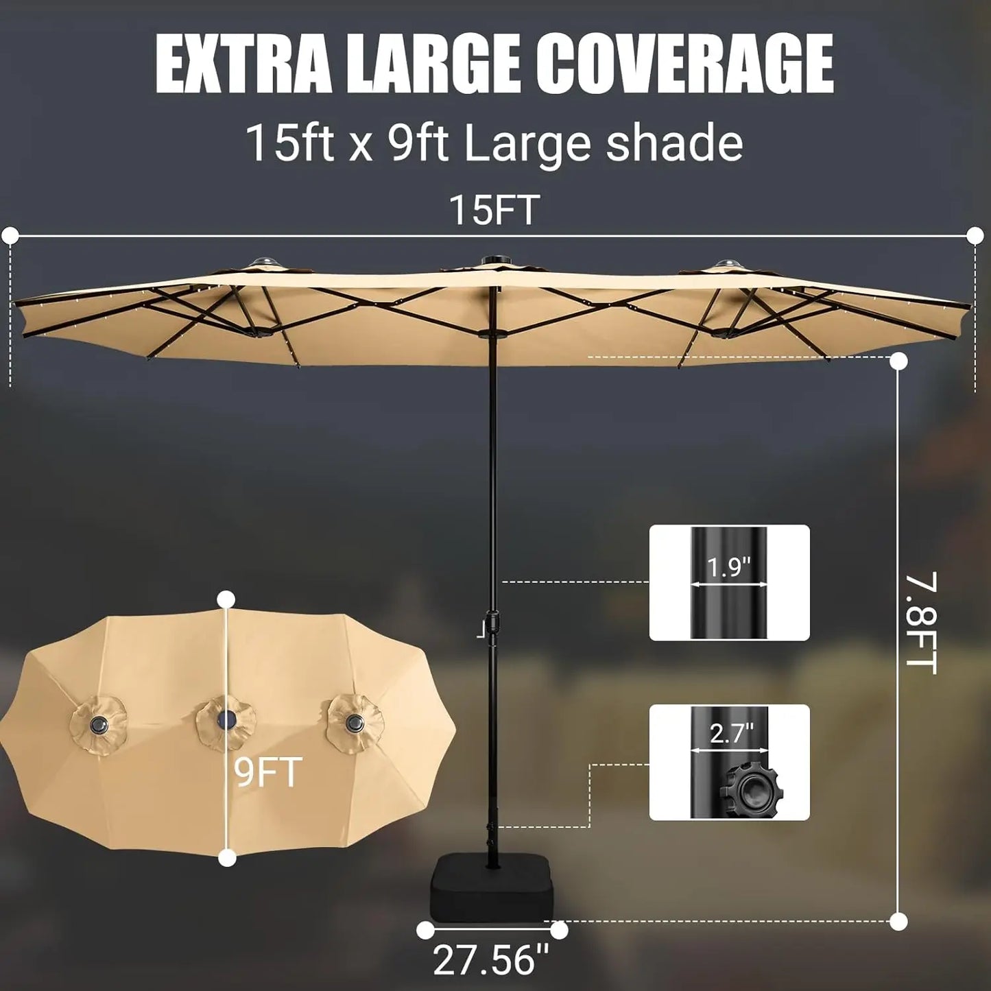 LEVELEVE 15 Foot Large Patio Patio Umbrella with Base & Solar LED Lights
