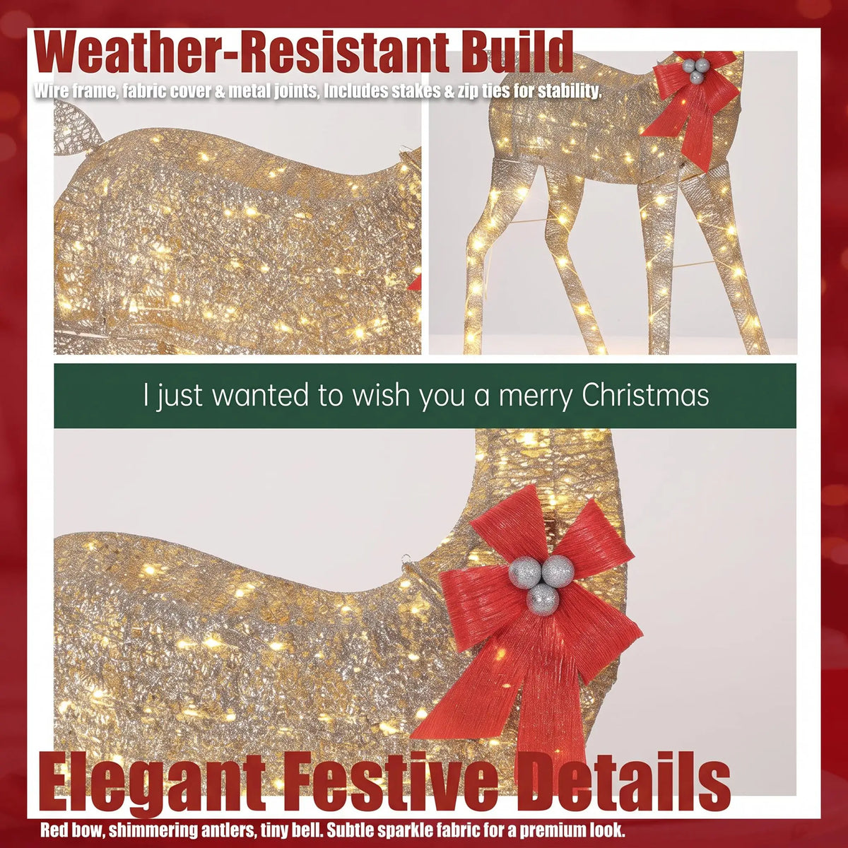 3FT Lighted Christmas Reindeer with Warm White LED Lights & Red Bow for Lawn