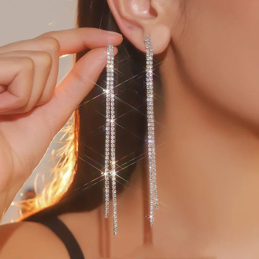 Long Tassel Rhinestone Drop Earrings for Women Gold Or Silver