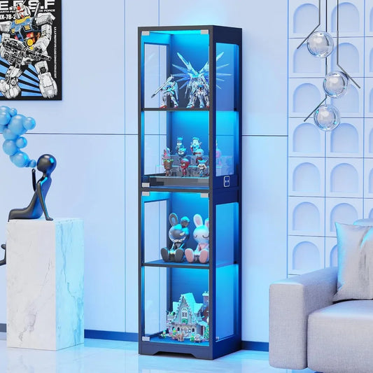 Glass Display Cabinet, 4-Tier Curio Cabinets with 3 Color Lights
