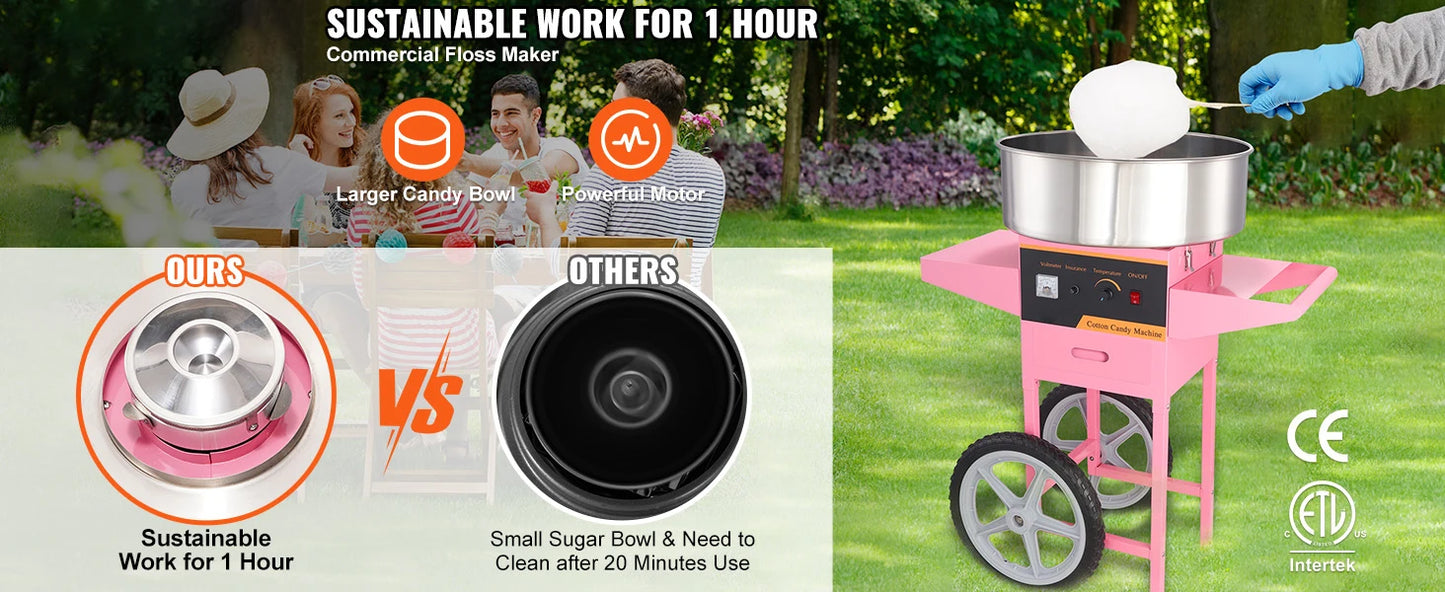 SucceBuy Electric Cotton Candy Machine with Cart and Stainless Steel Bowl