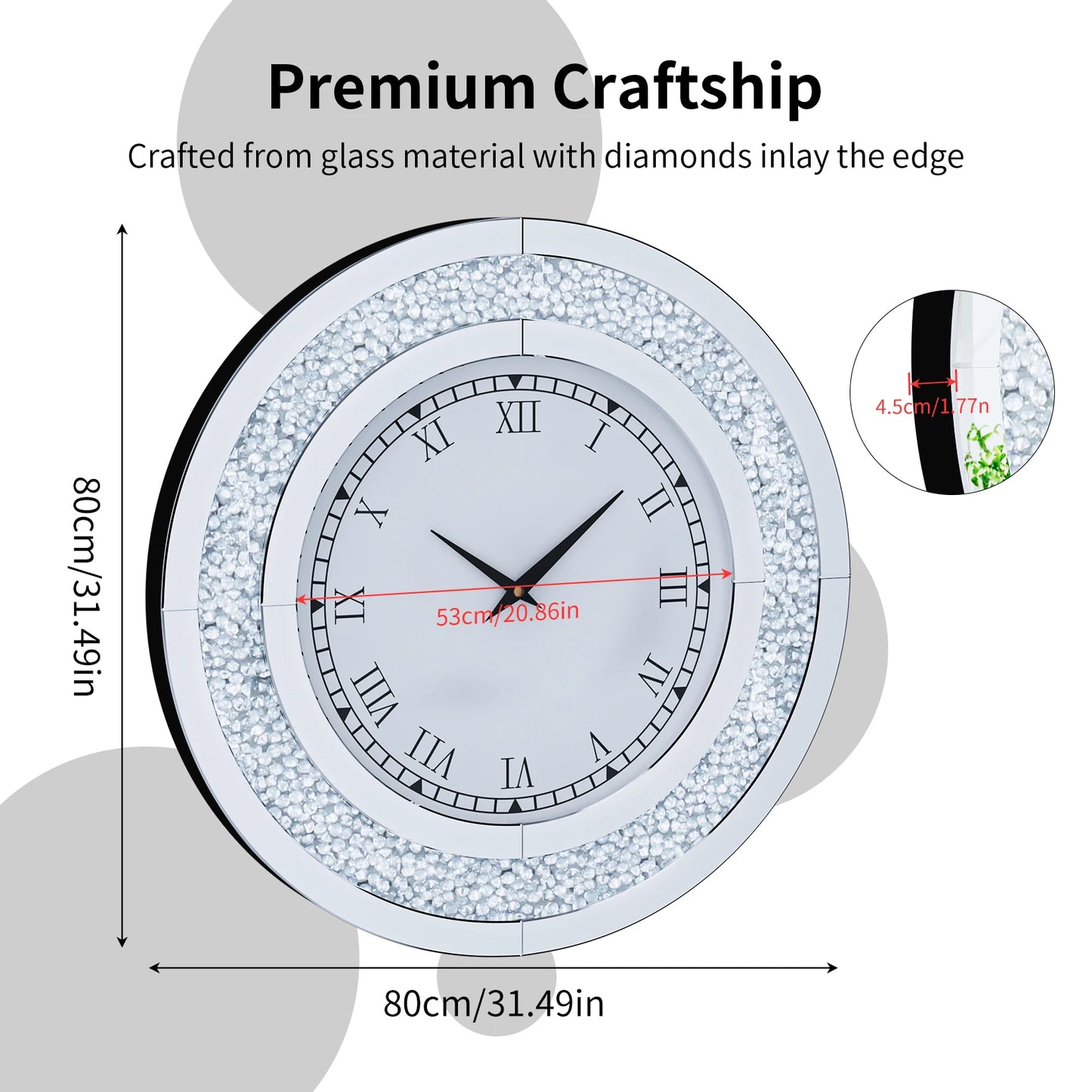 23.62 or 31.49 Inch Bling Silver Shining Mirrored Wall Clock