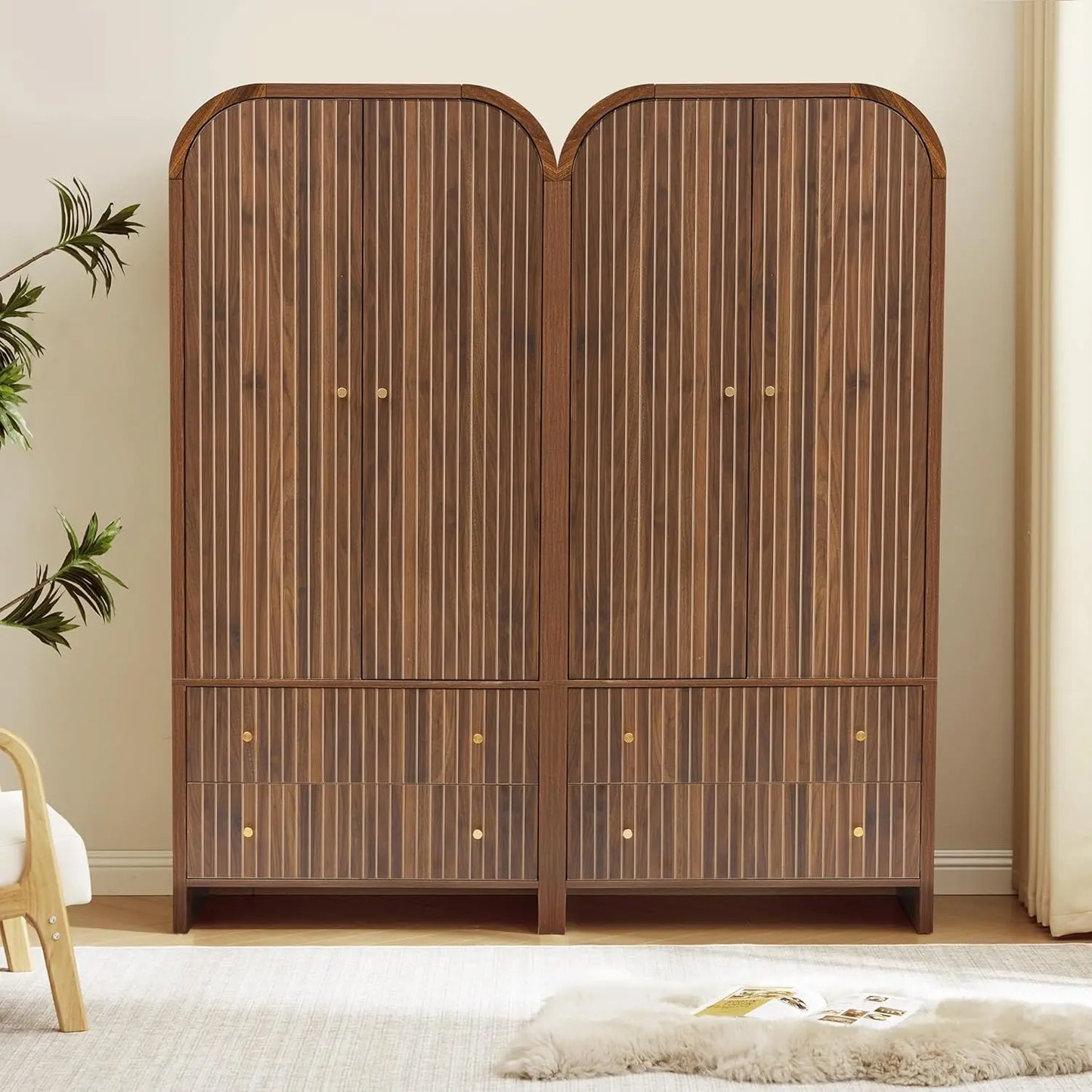 Mid-Century Modern 2-Door Freestanding Wardrobe with Hanging Rod and 2 Drawers