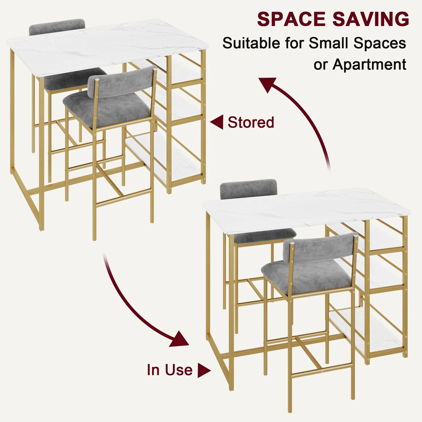 3 Pieces Counter Height Dining Table Set for Small Spaces Gold