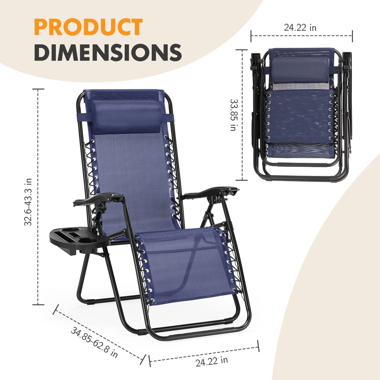 Set of 2 MCQ Outdoor Zero Gravity Chairs with Cup Holder and Adjustable Pillow