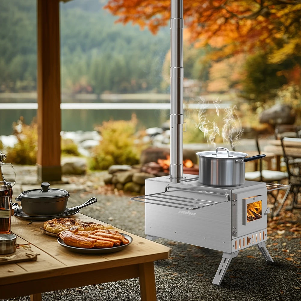 Portable Wood Burning Stainless Steel Stove with 7 Chimney Pipes