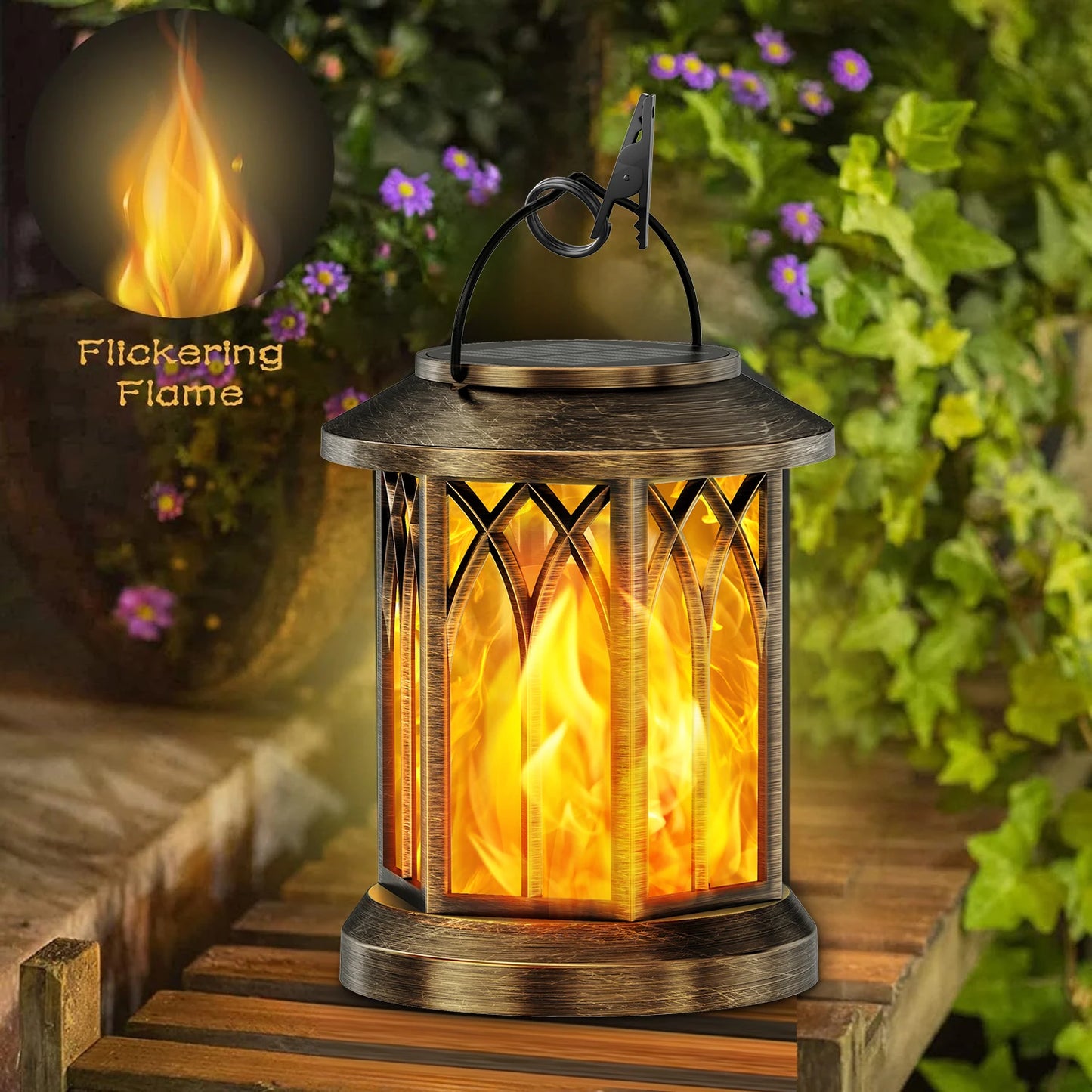 2 Pack Flickering Flame Solar Lanterns for Garden and Patio