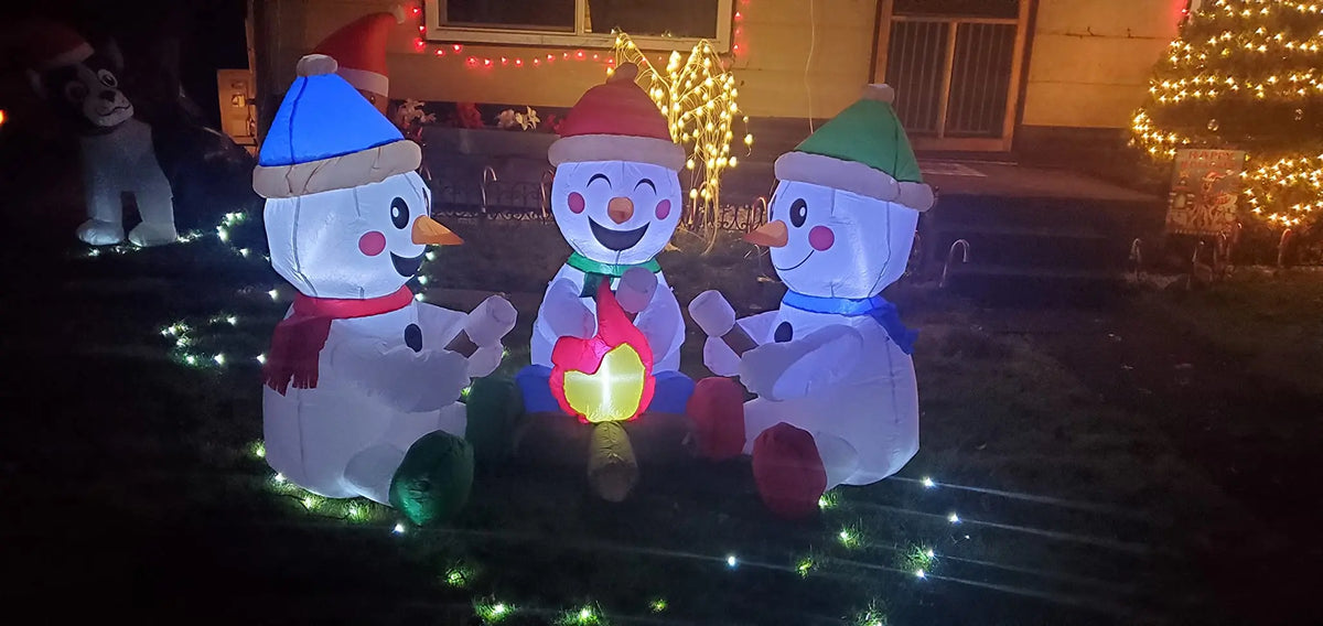 6 FT Long Christmas Inflatable Snowmen with Campfire with Built-in LEDs