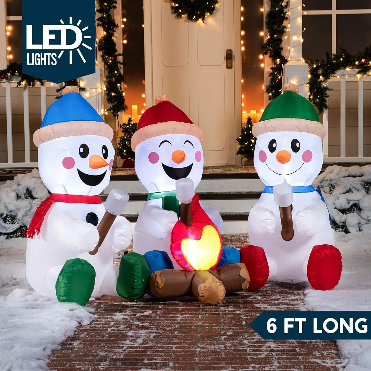 6 FT Long Christmas Inflatable Snowmen with Campfire with Built-in LEDs