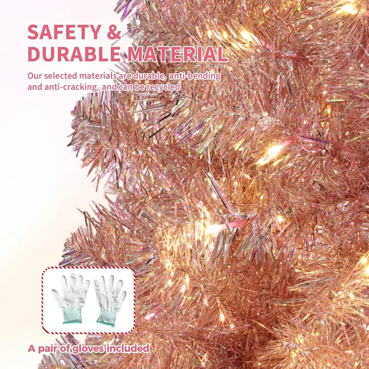 6ft or 7ft Pre-Lit Rose Gold Christmas Tree – Artificial Slim Pencil Tree with Realistic Branch Tips