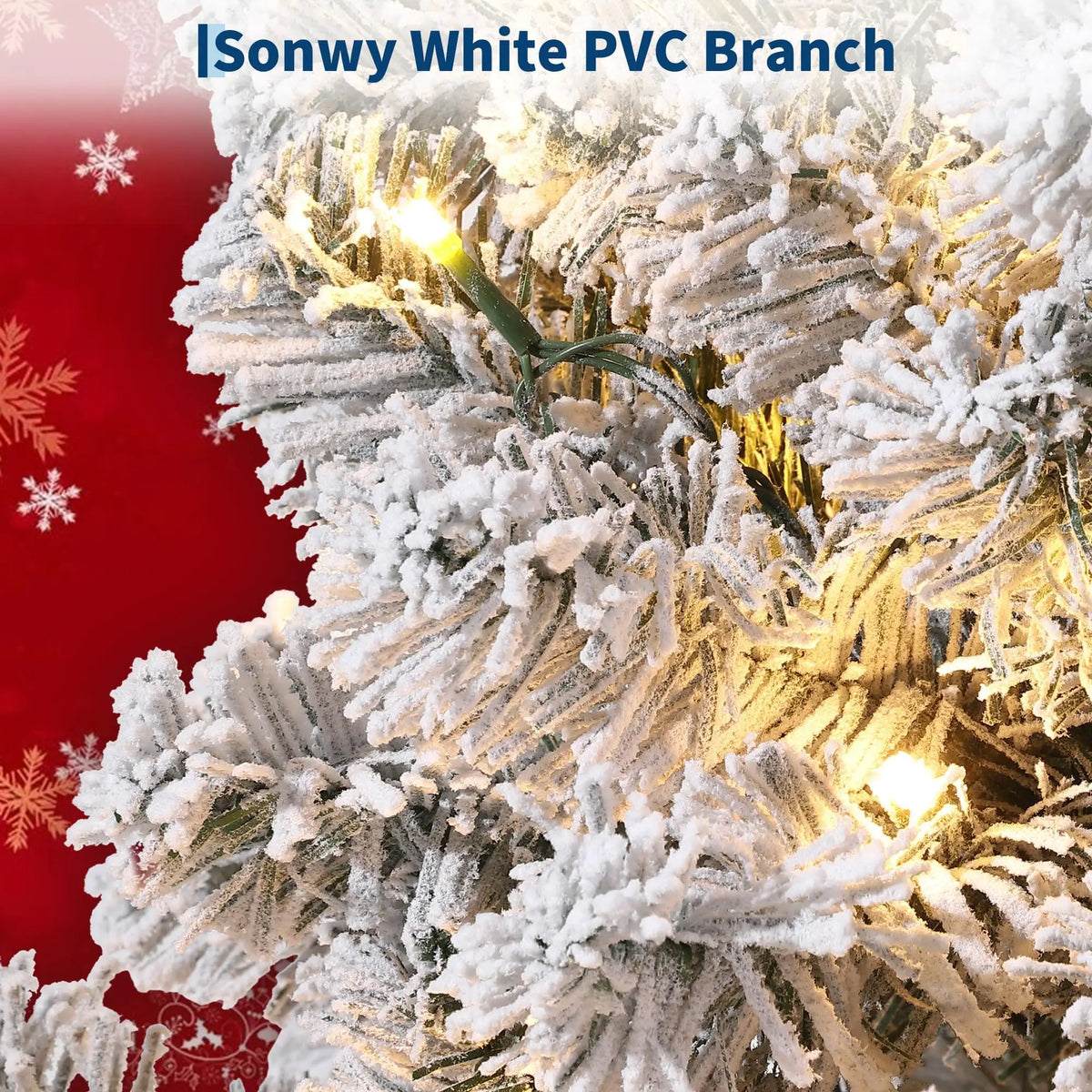 6FT Or 7.5FT Flocked Artificial Christmas Tree with Snowy Warm White LED Lights