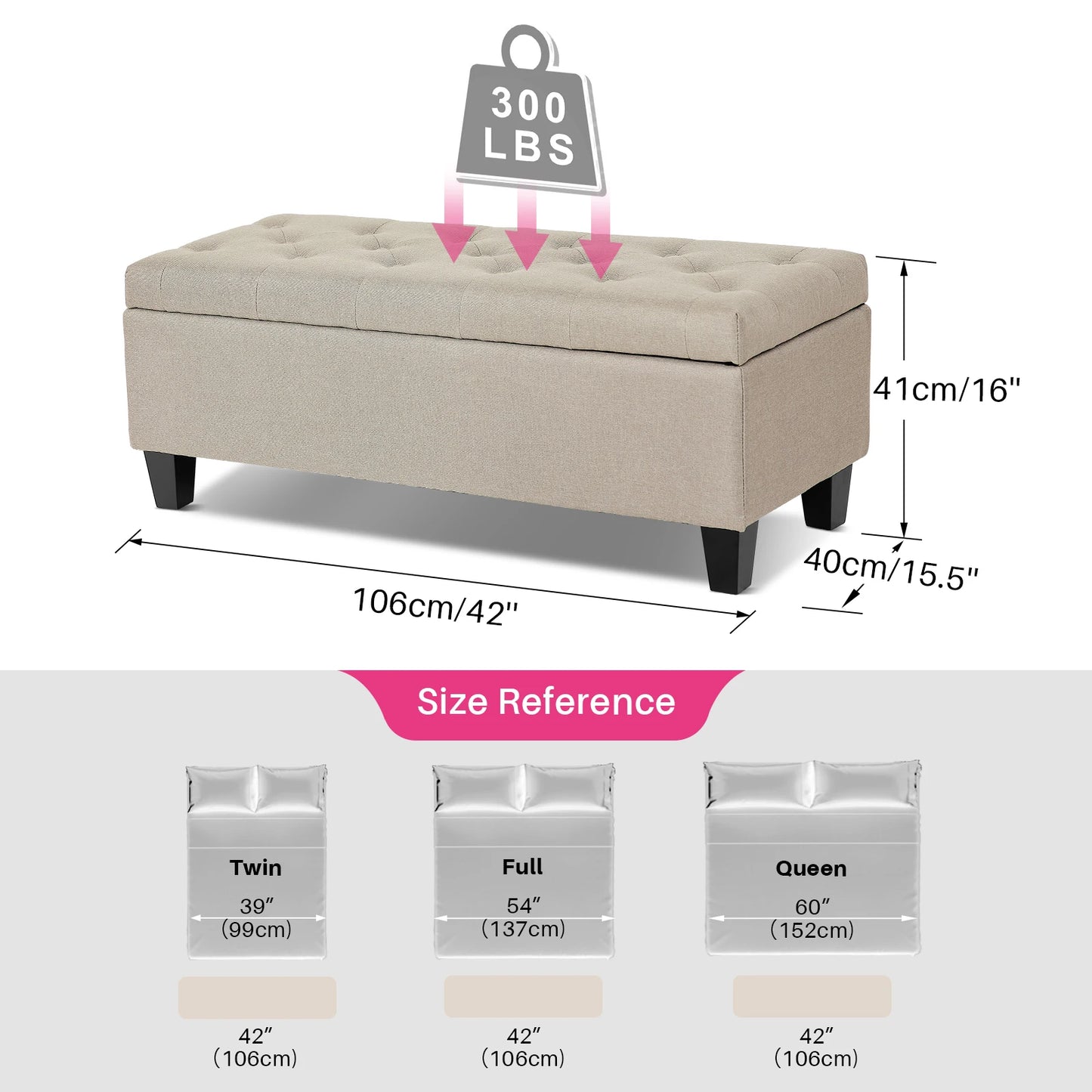 Redlife 15.5 x 42 x 16 inch Storage Ottoman